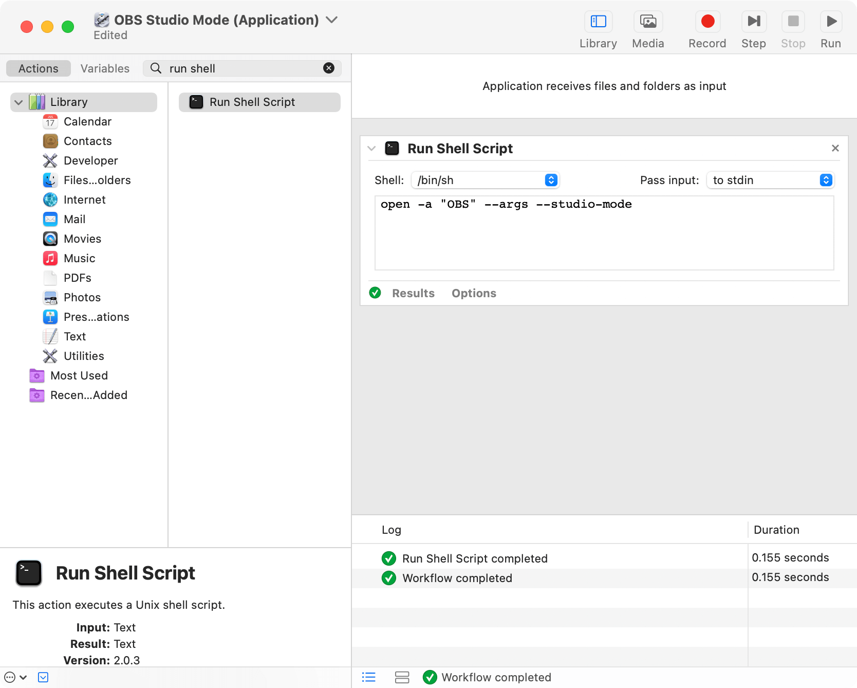 Automator workflow to launch OBS Studio in Studio Mode