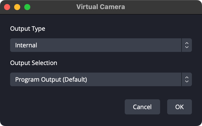 Virtual Camera settings window
