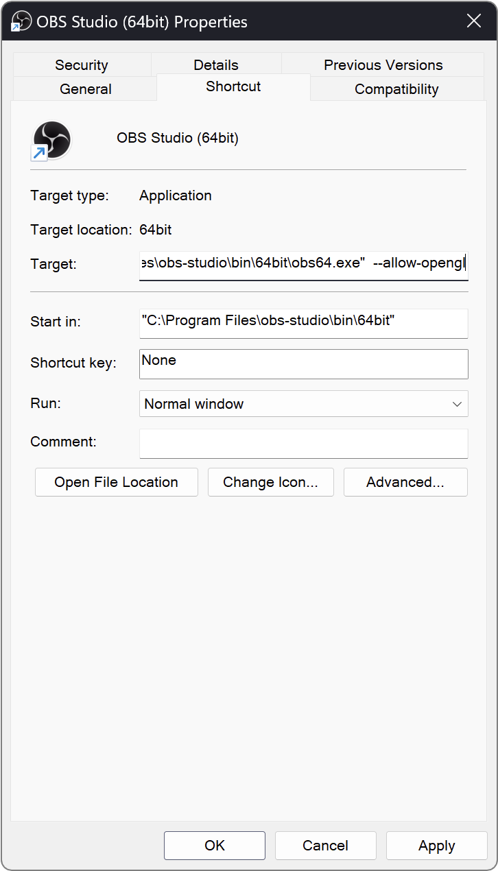 Properties window for a shortcut